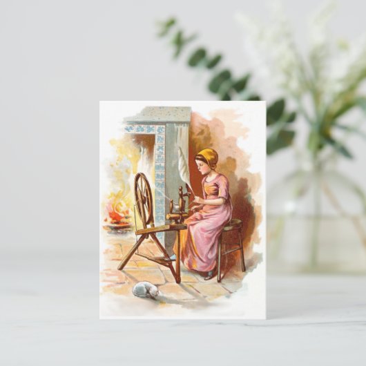 Vintag Zeichnend: Mädchen mit Spinnrad Postkarte (Stehend Vorderseite)