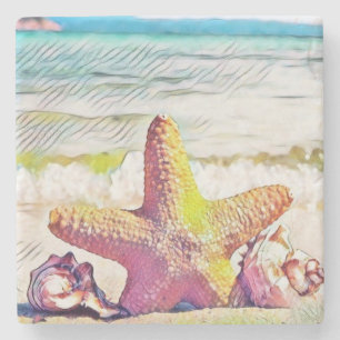 Vintag Zeichnend Pink Yellow Star Seashells Steinuntersetzer