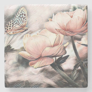 Vintag Zeichnend Rosa und Grau Rose Schmetterling Steinuntersetzer