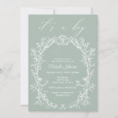 Vintag zeitlose Blumengrün-Baby-Dusche Einladung (Vorderseite)