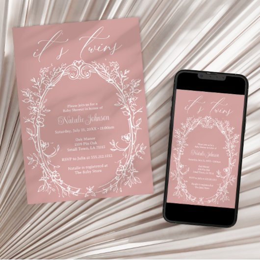 Vintag zeitlose Blumenpinke Twins Kinderdusche Einladung