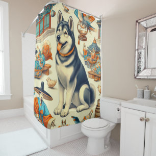 Vintagae Korean Jindo Dog Illustration Duschvorhang