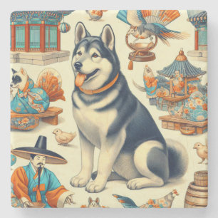 Vintagae Korean Jindo Hund Illustration Steinuntersetzer