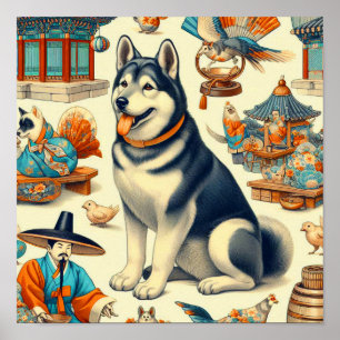 Vintagae Koreanischer Jindo-Hund Illustration Poster