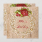 Vintage 100. Geburtstag Rote Rose Holzrahmen Einladung (Vorne/Hinten)