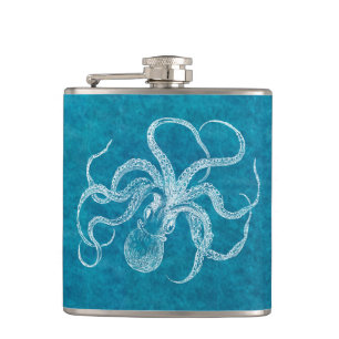 Vintage 1800er Oktopus Aquarell Blau Flachmann