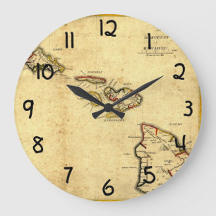 Vintage 1837 Hawaii Map - Hawaiian Islands Große Wanduhr