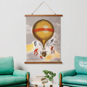 Vintage 1880 Lachambre Heißluftballon Kunst Wandteppich Mit Holzrahmen