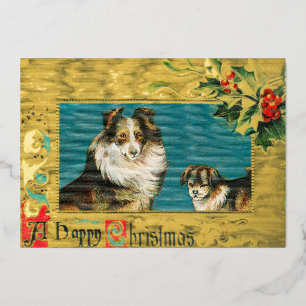 Vintage 1908 Collie-Hunde Frohe Weihnachten Gold Folien Feiertagskarte
