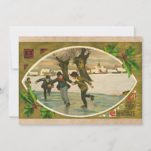 Vintage 1909 Jungen Eislaufen Gold Weihnachten Karte