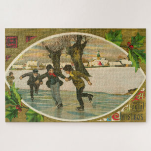 Vintage 1909 Jungen Eislaufen Gold Weihnachten Puzzle