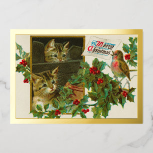 Vintage 1911 Katzen mit Vogel Frohe Weihnachten Go Folien Feiertagskarte