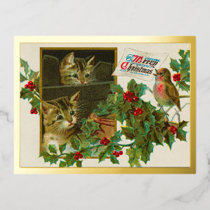 Vintage 1911 Katzen mit Vogel Frohe Weihnachten Go Folien Feiertagspostkarte