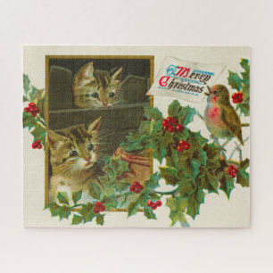 Vintage 1911 Katzen mit Vogel Frohe Weihnachten Puzzle