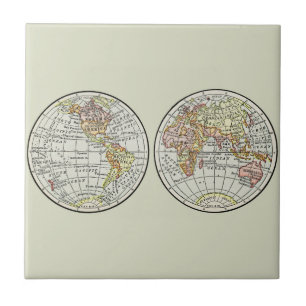 Vintage 1916 Weltkarte Globus Hemisphären Poster Fliese