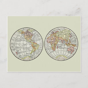 Vintage 1916 Weltkarte Globus Hemisphären Poster Postkarte