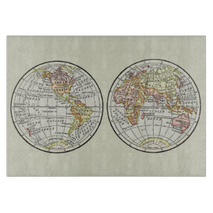 Vintage 1916 Weltkarte Globus Hemisphären Poster Schneidebrett