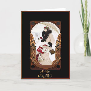 Vintage 1920er Jahre Art Deco Dame & Weihnachtsges Feiertagskarte