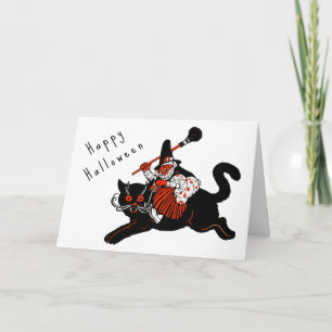 Vintage 1920er Jahre Art Deco Hexe schwarze Katze Karte