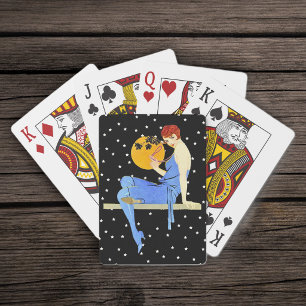 Vintage 1920er Jahre Flapper Lady Mond Sterne Rote Spielkarten