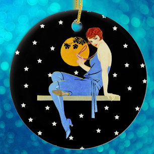 Vintage 1920er-Jahre Flapper Lady Moon Stars Rotes Keramikornament