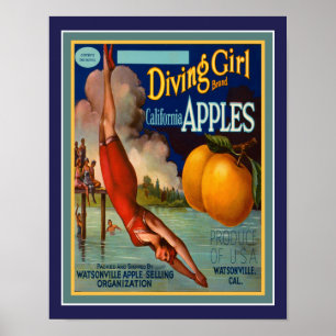 Vintage, 1930er Jahre Tauchendes Mädchen Kaliforni Poster