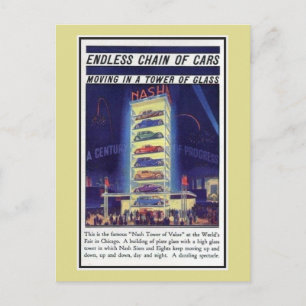 Vintage 1933 Chicago Expo Nash Auto Turm aus Glas Postkarte