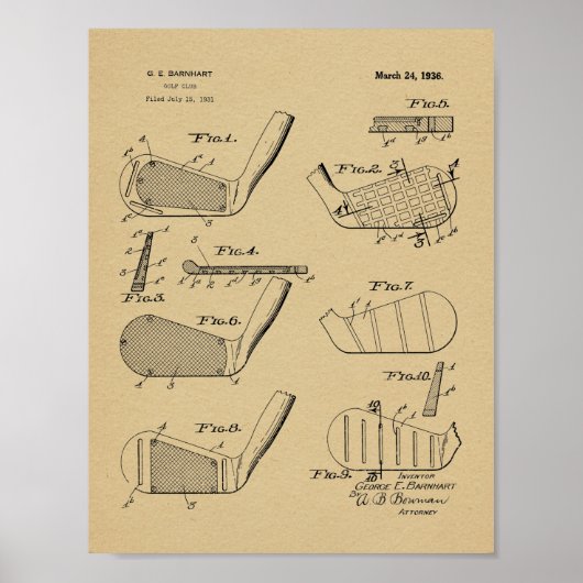 Vintage 1936 Golfschläger Design Patent Kunstprint Poster (Vorne)