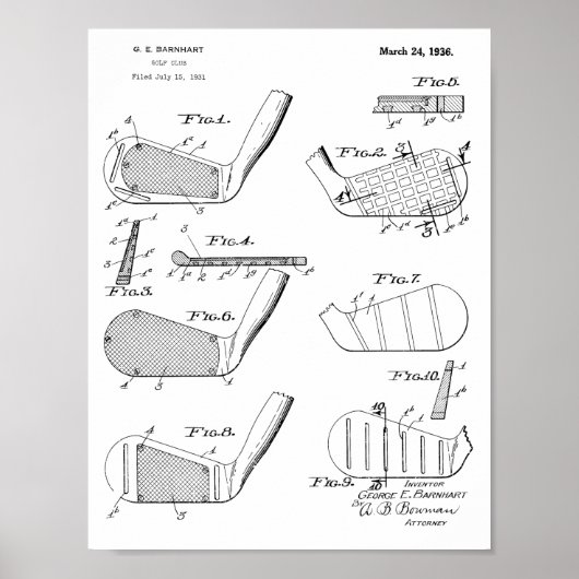 Vintage 1936 Golfschläger Design Patent Kunstprint Poster (Vorne)