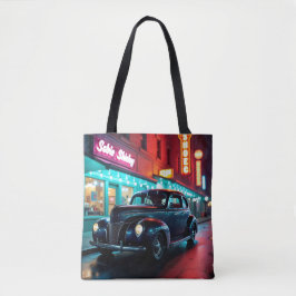 Vintage 1940s Classic Car Under Neon Lights Tasche