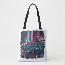 Vintage 1940s Classic Car Under Neon Lights Tasche