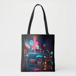 Vintage 1940s Classic Car Under Neon Lights Tasche