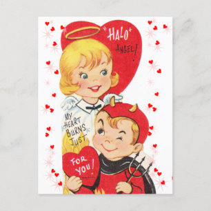 Vintage 1950er Teufel und Engel Valentinstag Postkarte