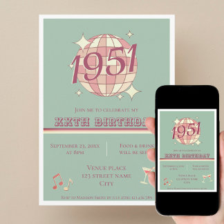 Vintage 1951 75th birthday teal blue ret Invitatio Einladung