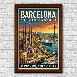 Vintage 1960er Jahre Barcelona, Spanien Reiseplaka Poster