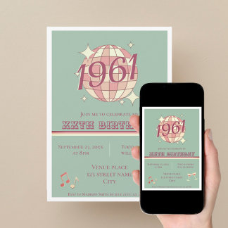 Vintage 1961 65th birthday teal blue ret Invitatio Einladung