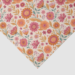 Vintage 1970er Jahre Folk Art Blumen Pink Orange Seidenpapier