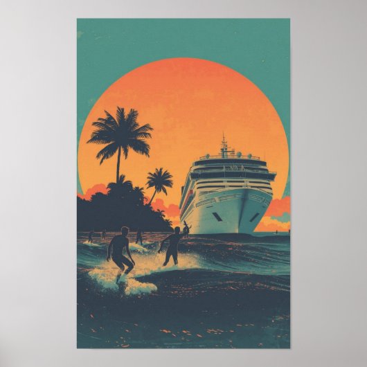 Vintage 1970s Cruise Ship Sunset Poster – Retro Tr (Vorne)