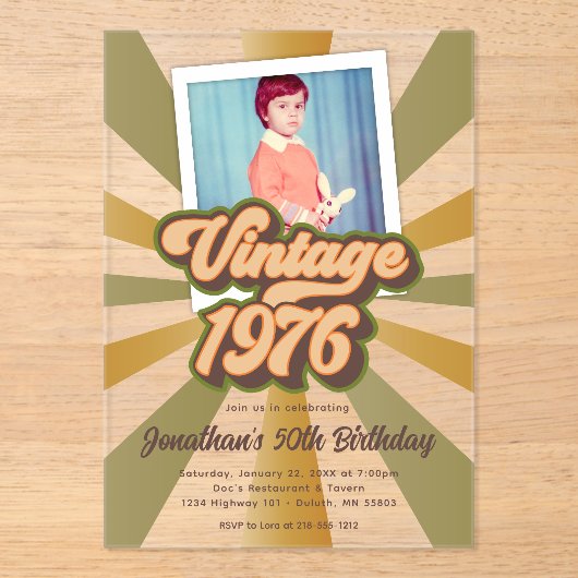 Vintage 1975 50. Geburtstagsfoto Acryleinladungen (Vorderseite)