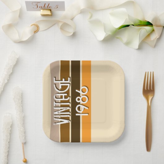 Vintage 1986 Retro Stripes Brown Tan Vintage Pappteller (Hochzeit)