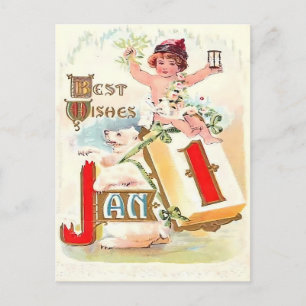 Vintage 1. Januar 'Alles Gute' Neujahrstag  Postkarte