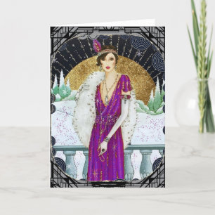 Vintage 20er Jahre Lila Kleidung Winter Flapper La Feiertagskarte
