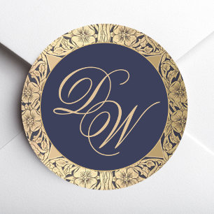 Vintage 2 Initialen Monogramm Navy Blau Gold Rosen Runder Aufkleber