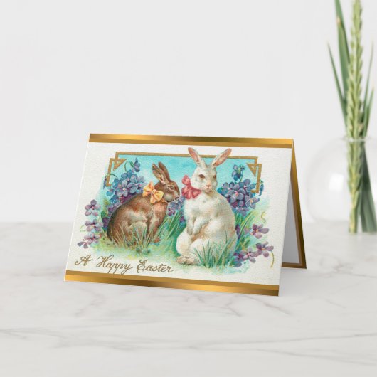 Vintage 2 Kaninchen Ostereier Feiertagskarte (Vorderseite)