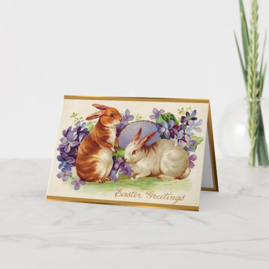 Vintage 2 Kaninchen Osterferien Faltkarten Feiertagskarte (Vorderseite)