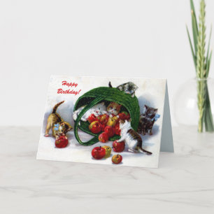 Vintage 3 niedliche Kätzchen, Korb der Äpfel Karte