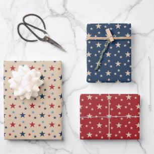Vintage 4. Juli Sterne Muster Rot Blau Beige Geschenkpapier Set