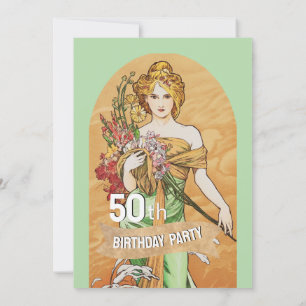 Vintage-50. Geburtstagsfeier, Mucha, Frühlingsgött Einladung