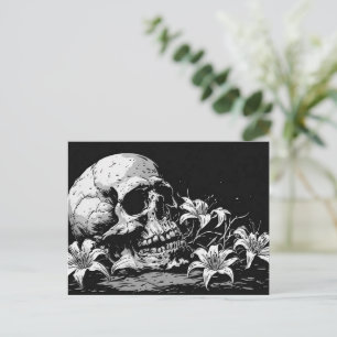 Vintage 50er Grafik BW Stil Schädel mit Blumen Postkarte