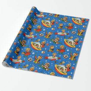 Vintage 50er Raketen und fliegende Untertassen Kin Geschenkpapier